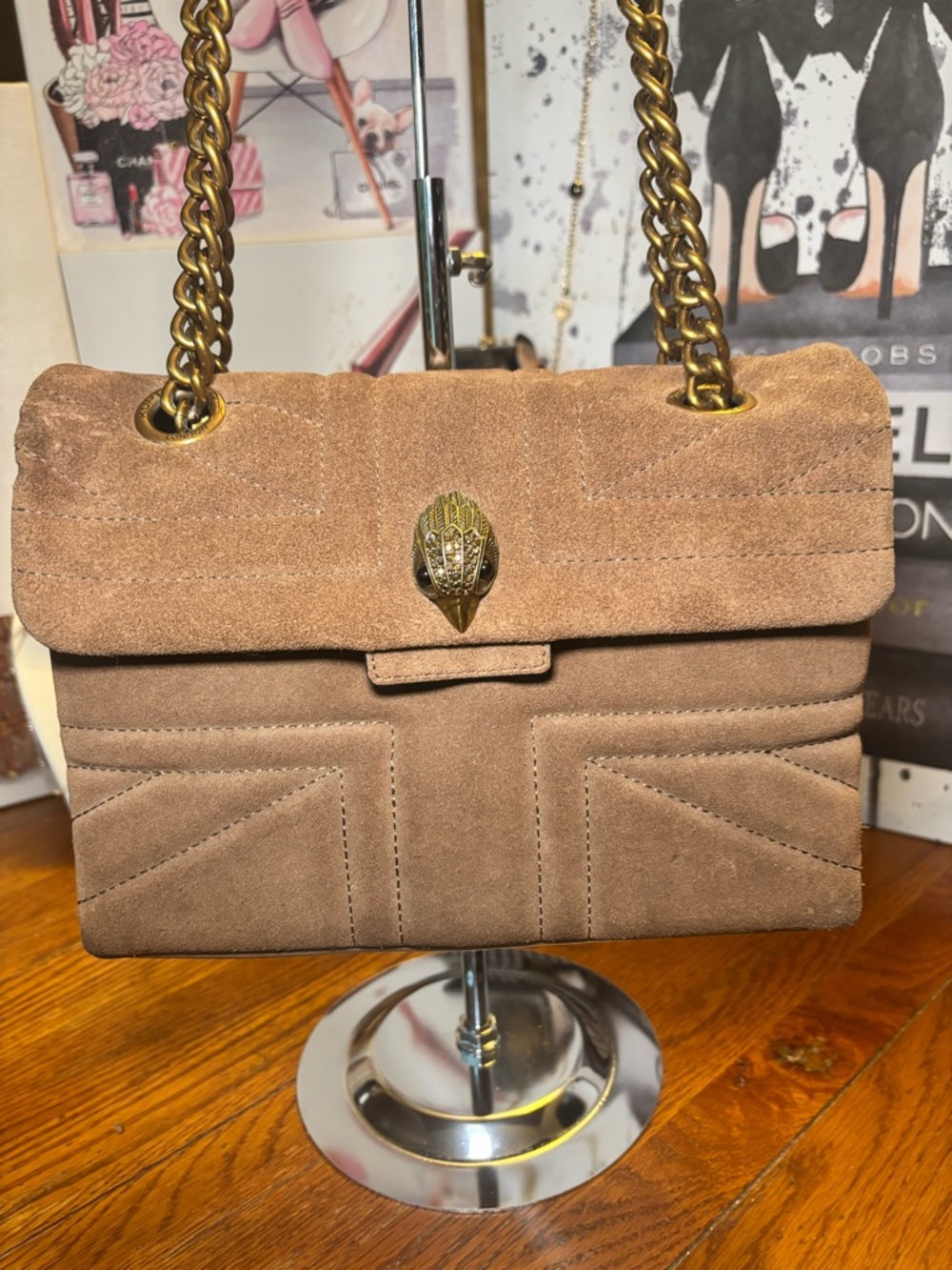 Kurt Geiger London Brown Suede Kensington Chain Shoulder Bag Eagle Head
